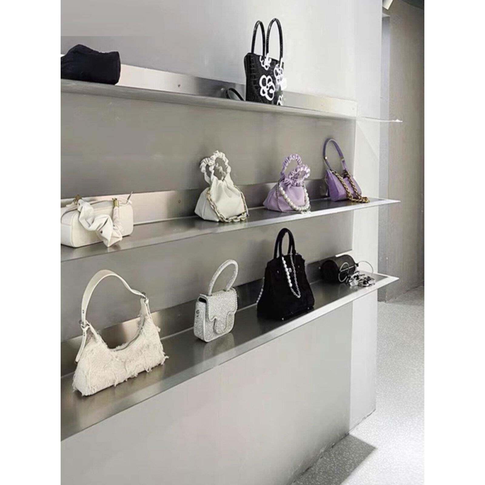服装商店鞋袋展示架不锈钢货架壁多层板鞋架展示架一字存储架