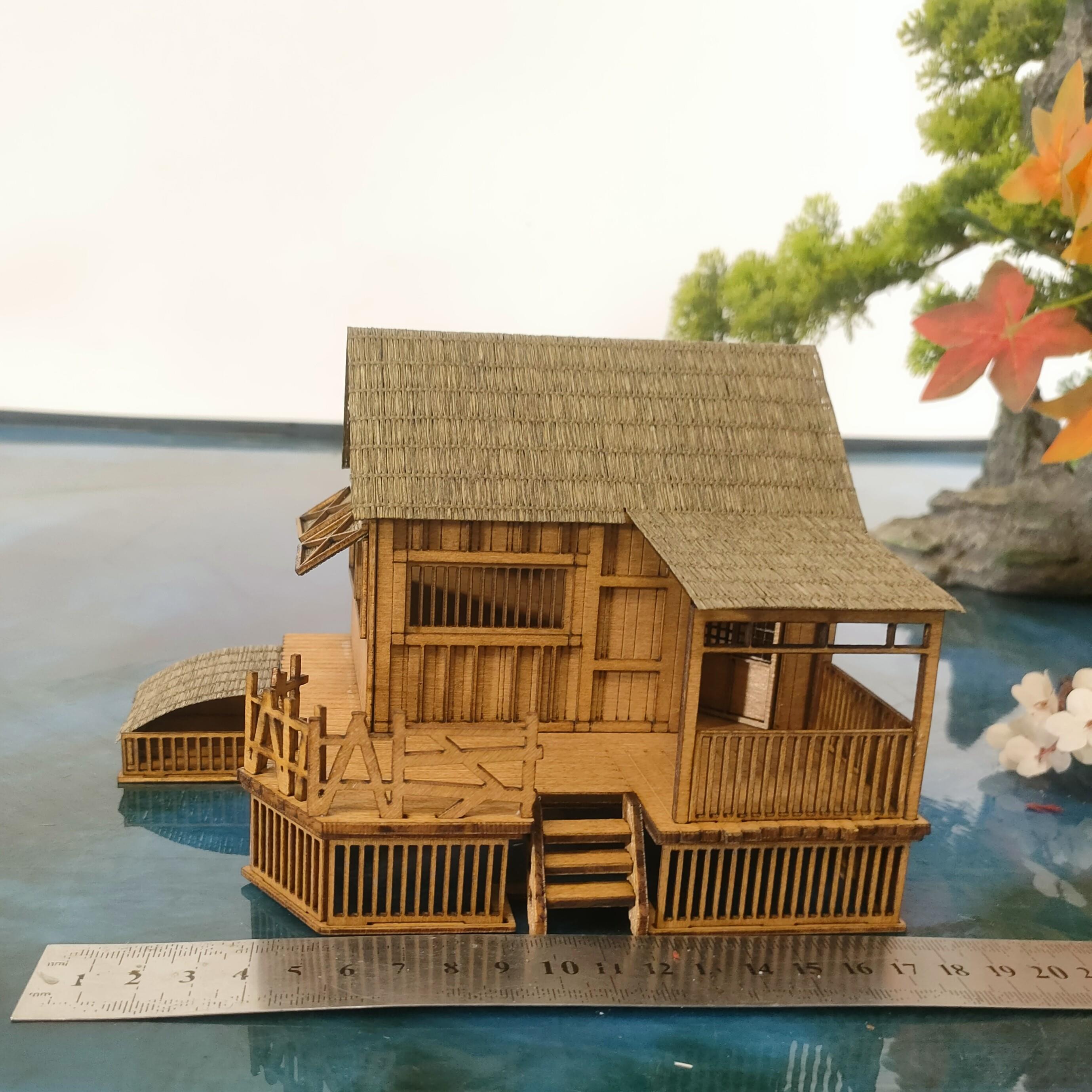 新款中式古风建筑模型纯手工木质成品微景观配件摆件茅草屋