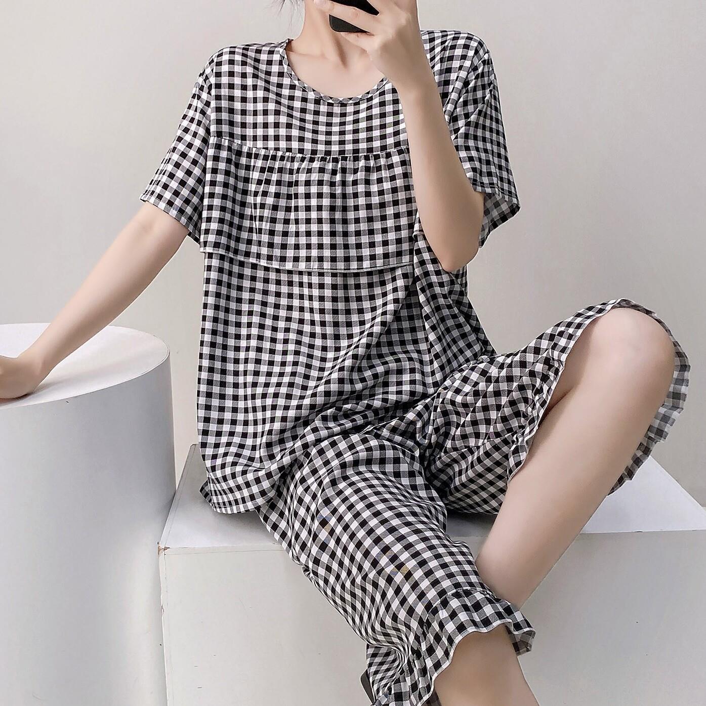 女士防凸点棉绸睡衣薄款短袖五分裤套装夏季人造绵绸空调服家居服