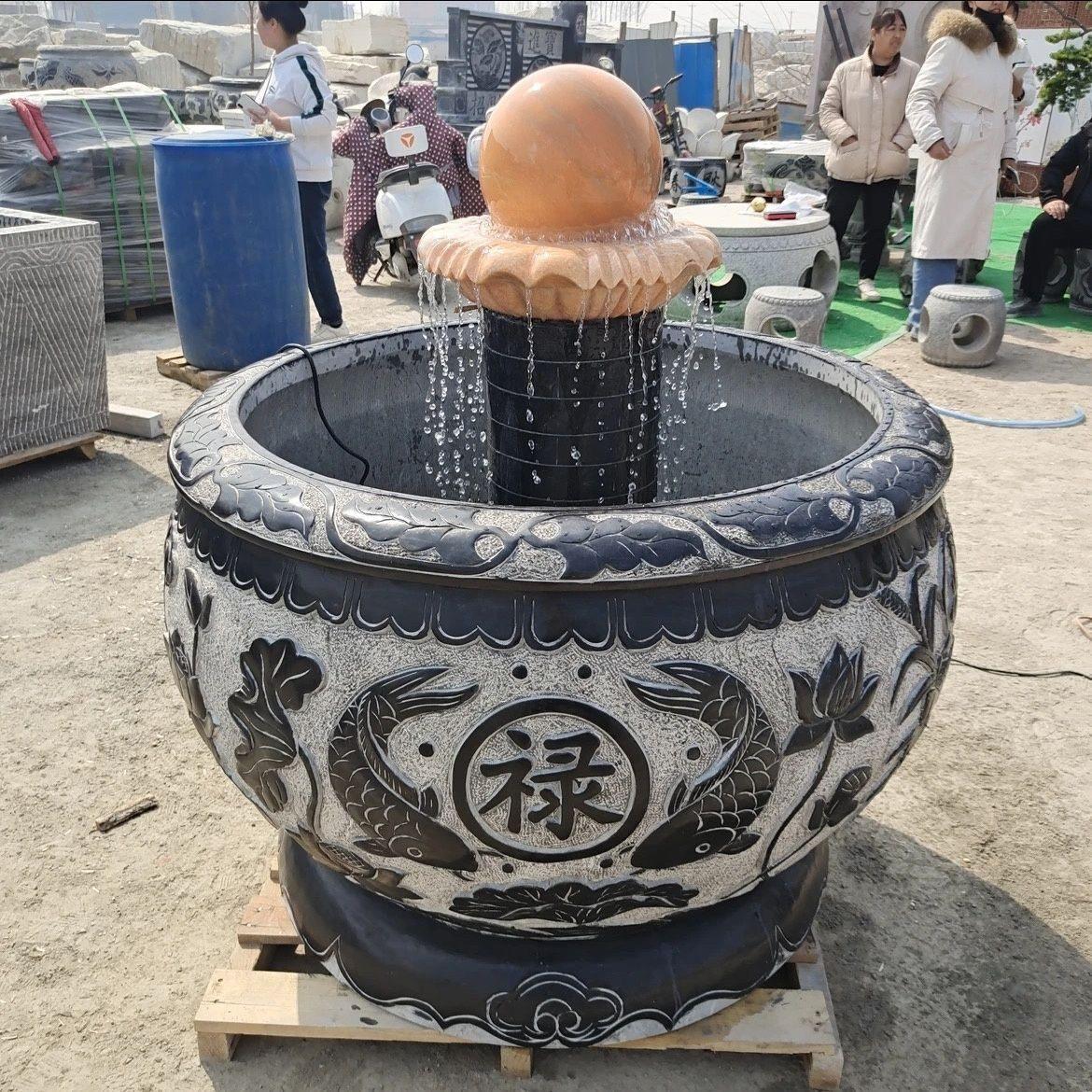 石雕青石鱼缸天然石头水缸造景养鱼池中式庭院门海流水大石缸石槽