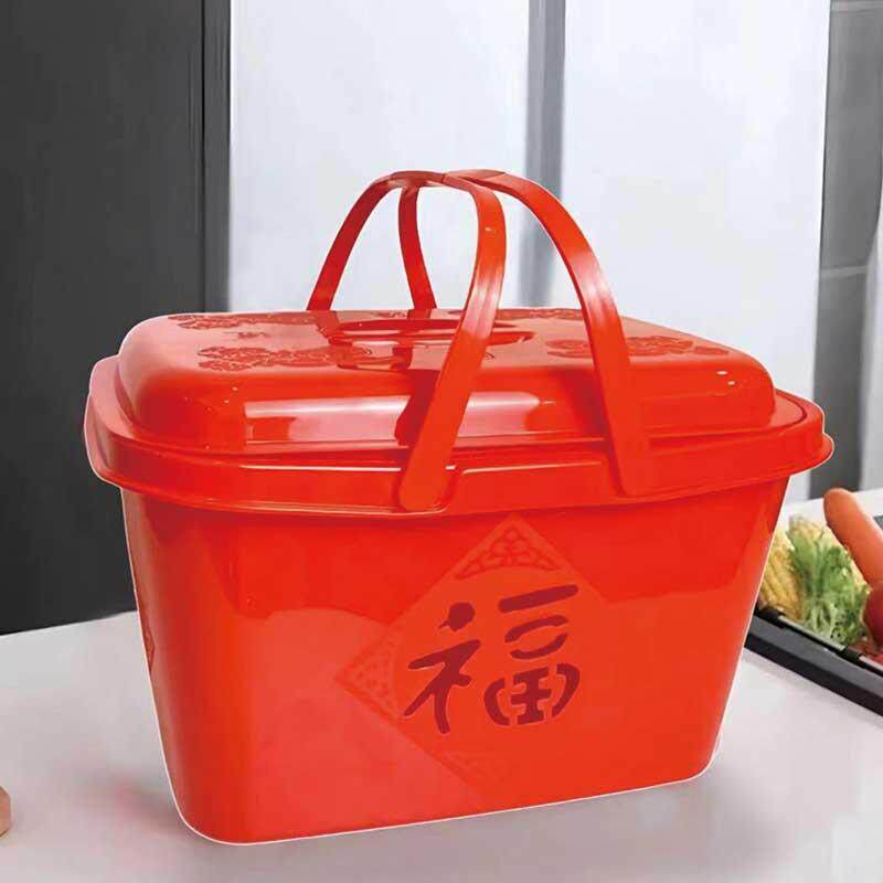 拜神篮子红色双层方形带盖塑料婚庆喜事篮烧香超市买菜祭祖手提篮