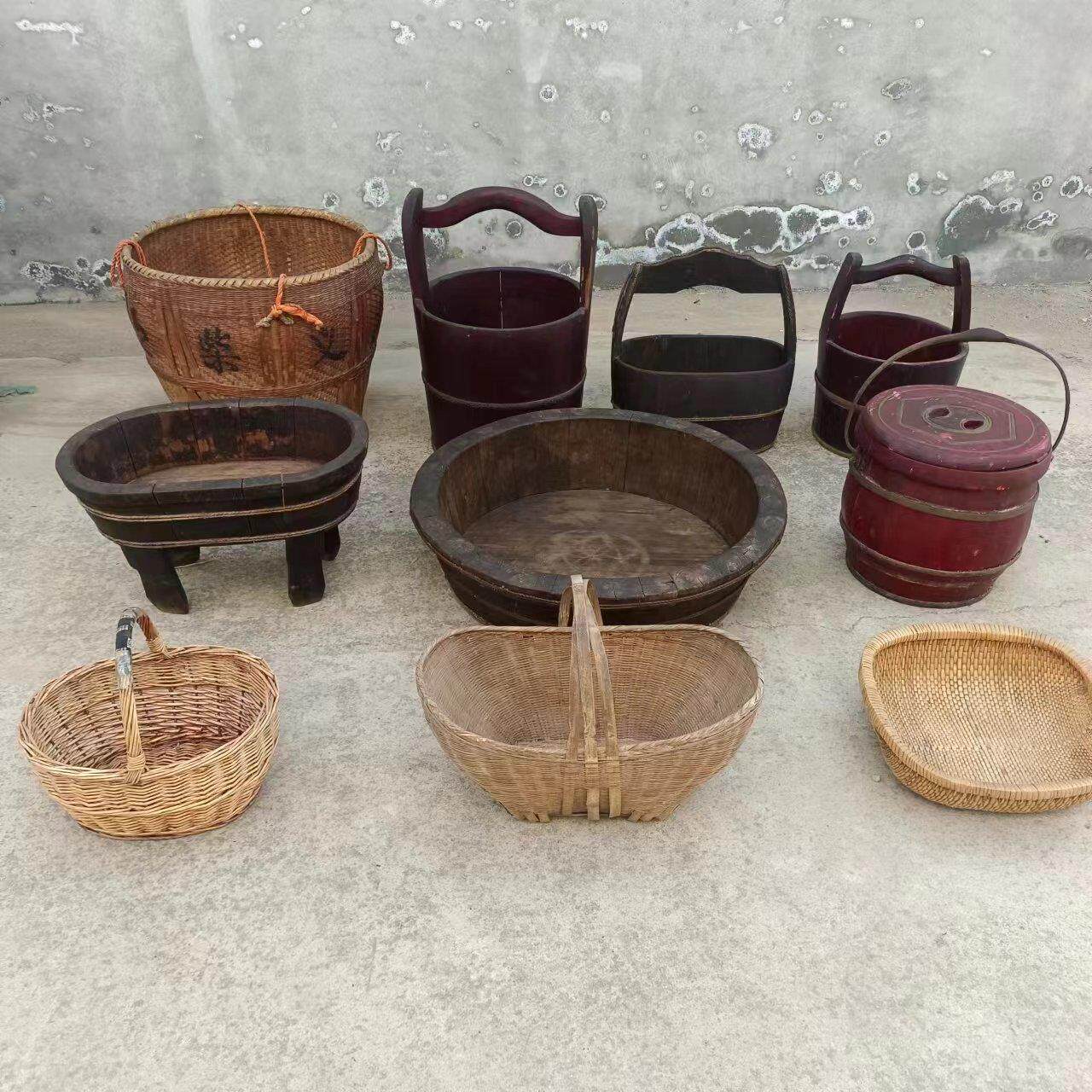 民俗老物件水桶木盆竹篮农耕文化旧农具复古怀旧展览摆件影视道具