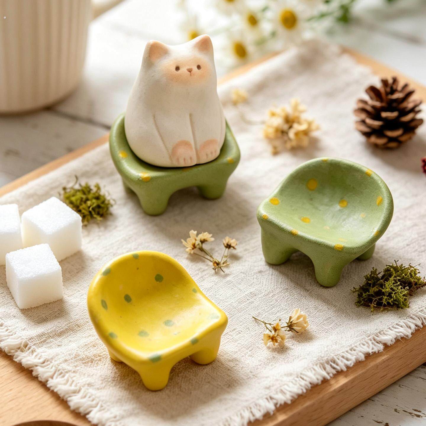 燚坊猫猫窑小众陶瓷手作迷你波点小板凳动物摆件沙发桌面首饰摆件