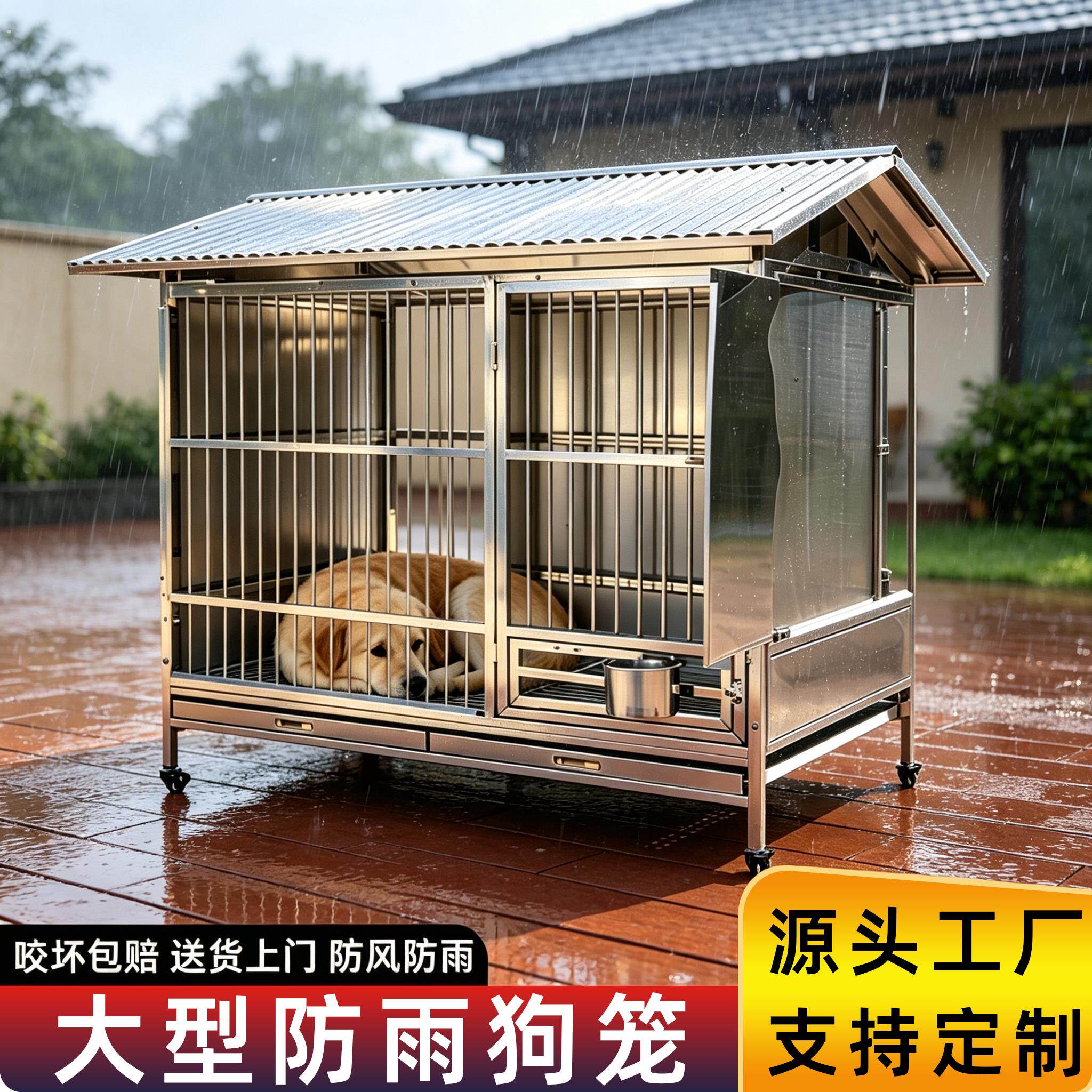 不锈钢狗笼子大型犬室外防雨防晒特大号子母狗笼带厕所带漏斗狗窝