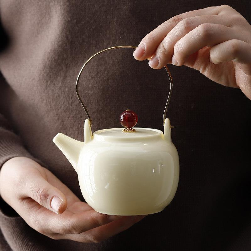 羊脂玉白瓷茶壶提梁壶大号陶瓷壶泡茶器防烫功夫茶具家用会客单壶