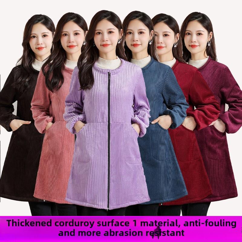 灯芯绒罩衣女秋冬外套厨房围裙清洁防污保暖工作服时尚拉炼新款潮