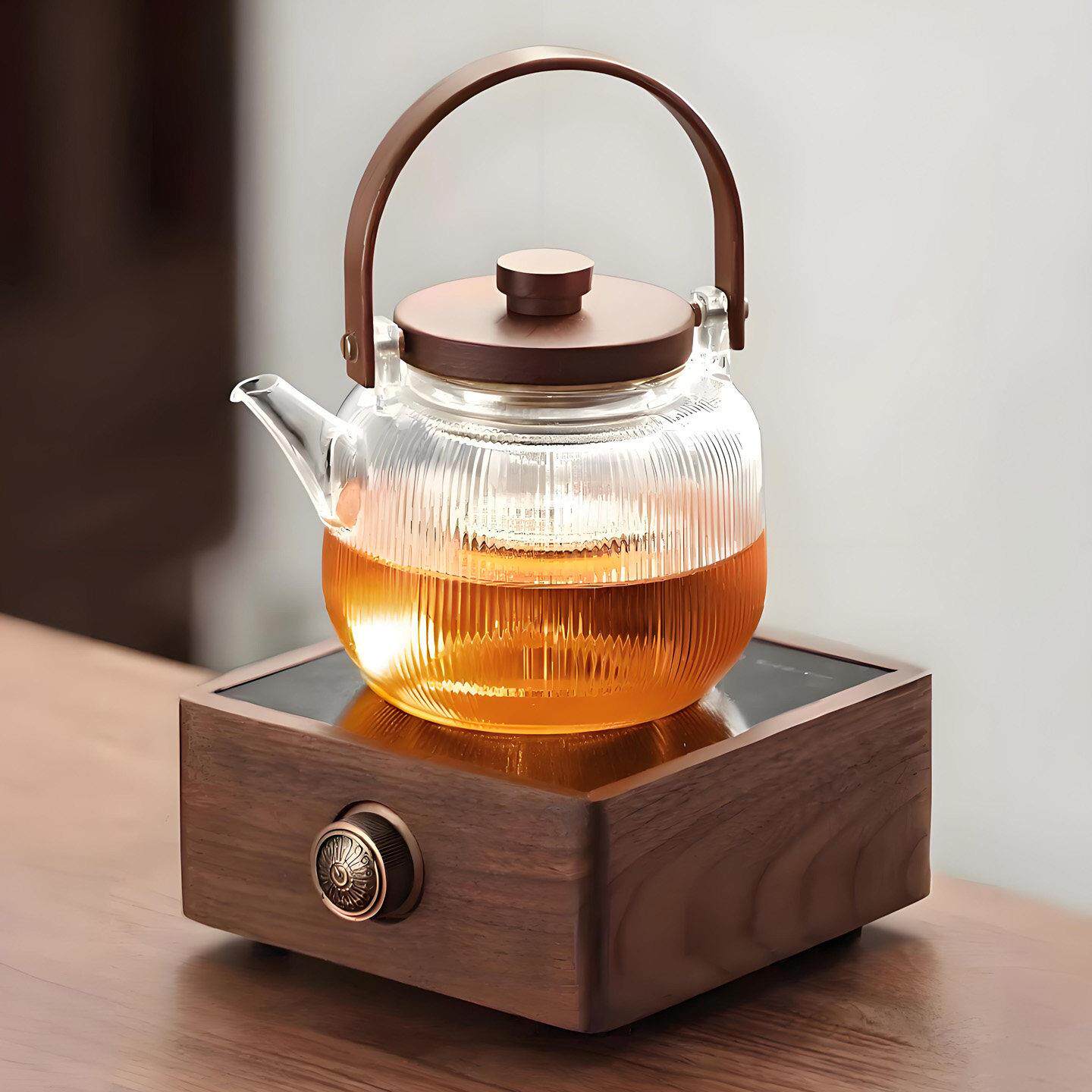 围炉煮茶套装胡桃木办公室烧水煮茶电陶炉水果茶竖纹平光玻璃茶壶