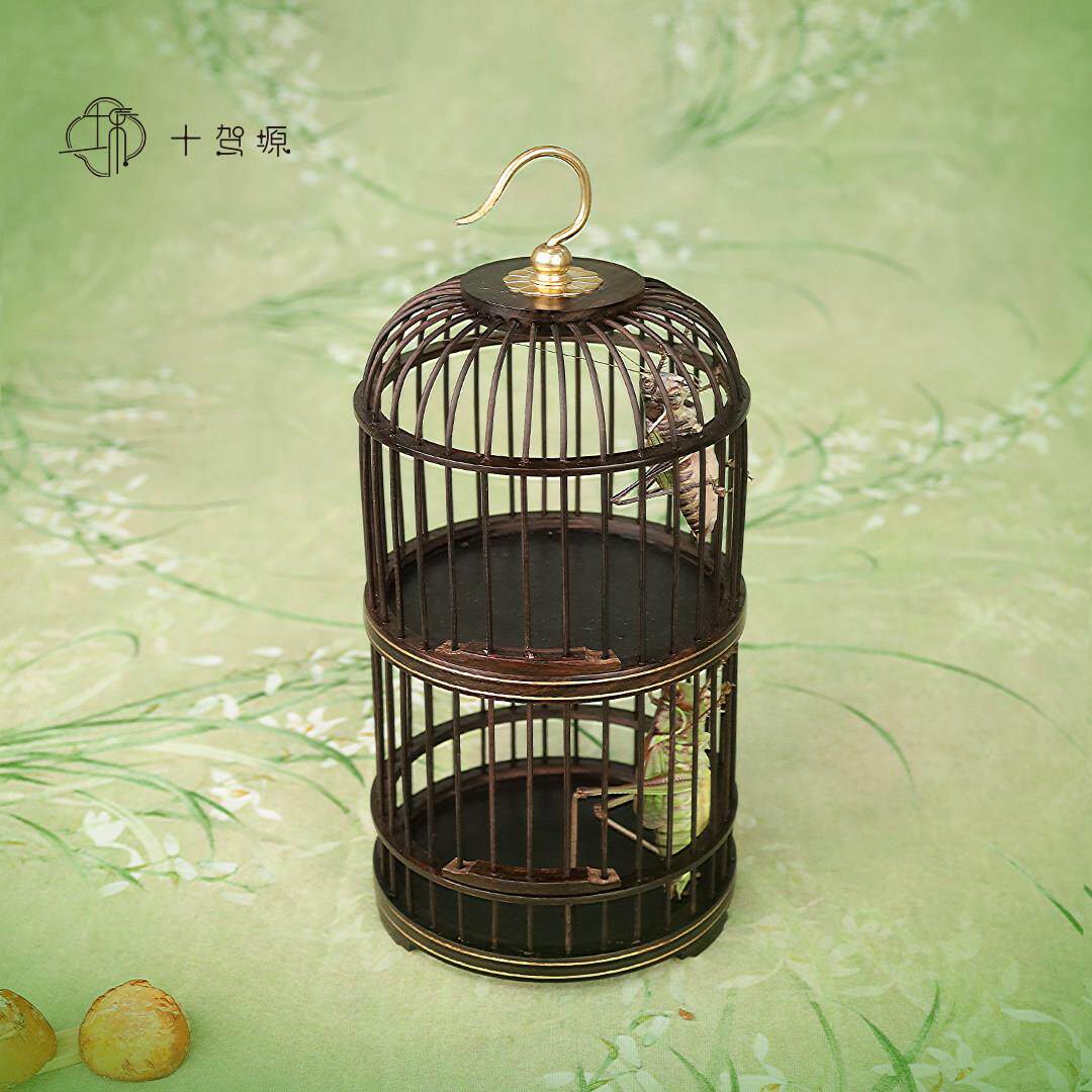 双层紫光檀木铜钩手编蝈蝈笼子饲养蚂蚱蛐蛐蟋蟀实木无漆中式摆件