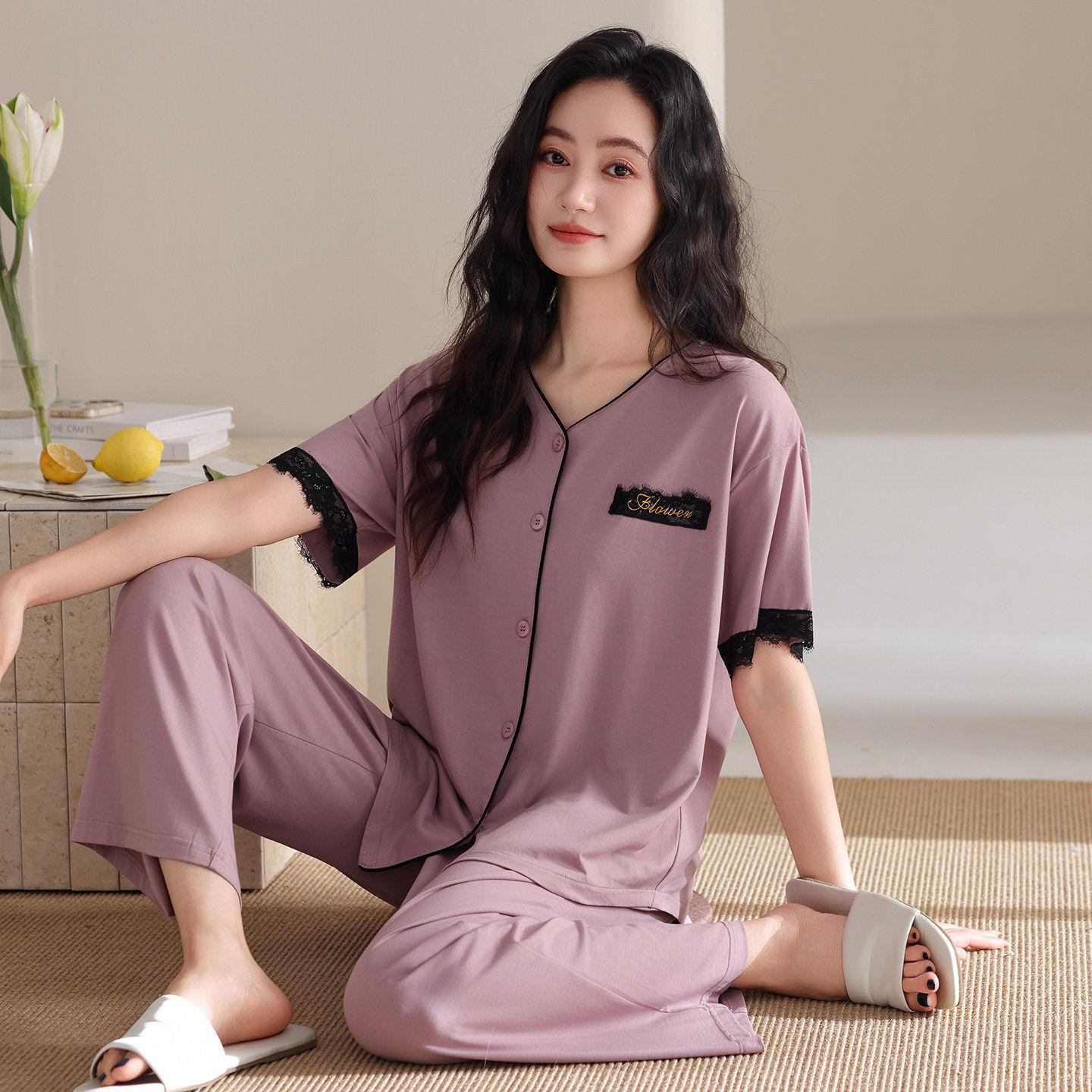 睡衣女士夏季薄款莫代尔绵绸短袖长裤高级感开衫家居服套装可外穿