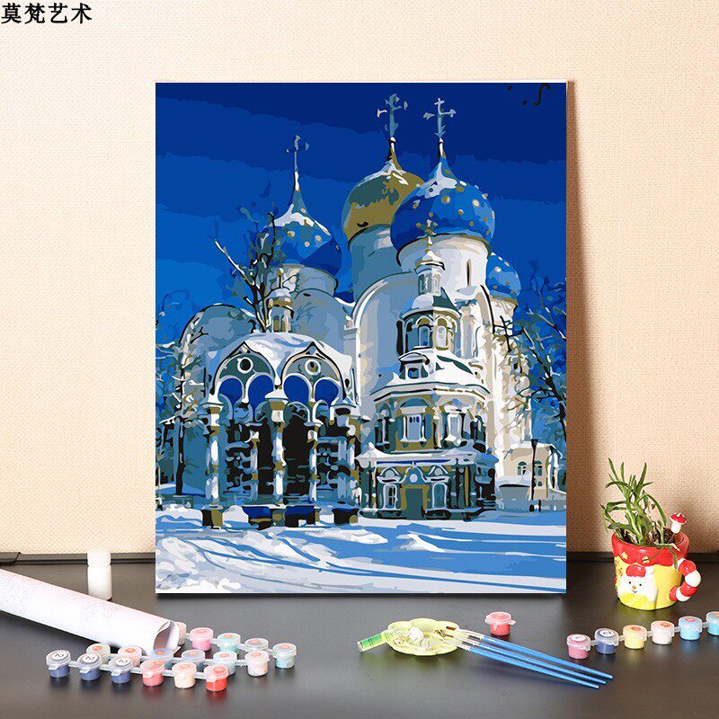 数字油画diy手工填充欧洲冬季冰雪城堡风景画手绘画画涂色油彩画