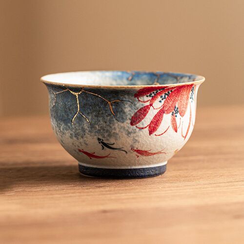 青花火石红陶瓷主人杯描金手绘荷韵锦鲤反口品茗杯个人茶杯礼盒装