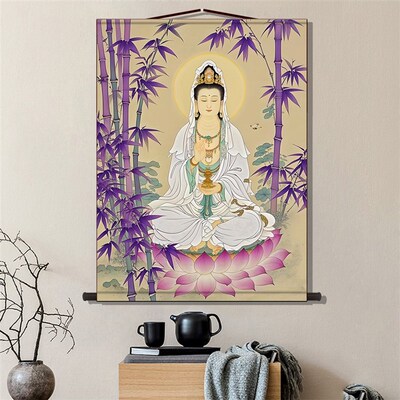 紫竹林中观自在普陀山中观世音菩萨画像 佛堂客厅卷轴挂画丝绸画
