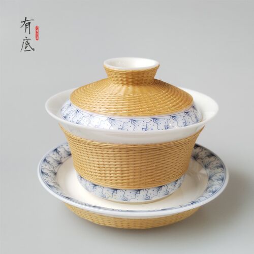 竹丝扣瓷盖碗茶具四川非遗瓷胎竹编青瓷盖碗套装商务送礼送外国人