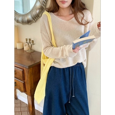 早春天丝亚麻V领宽松针织衫