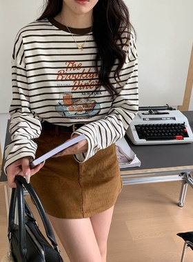 3th Morning 早秋新款 美式复古撞色圆领条纹长袖T恤ZY3240