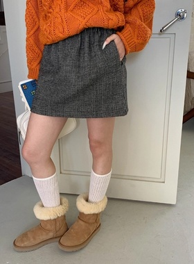 3th Morning 经典复古千鸟格松紧高腰A字加绒半身裙ZY3810