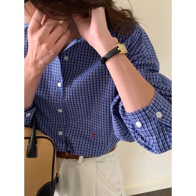 早春知识分子小格子刺绣衬衫男