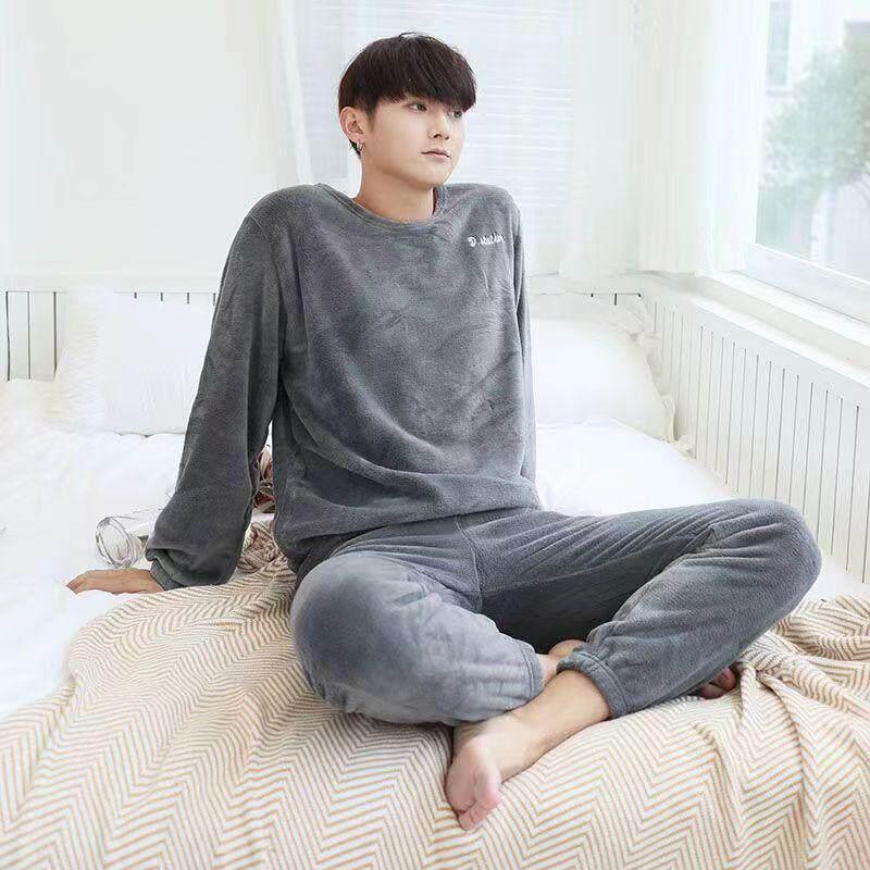 男士家居服套装珊瑚绒大尺码睡衣加绒加厚保暖秋冬季圆领二件套装
