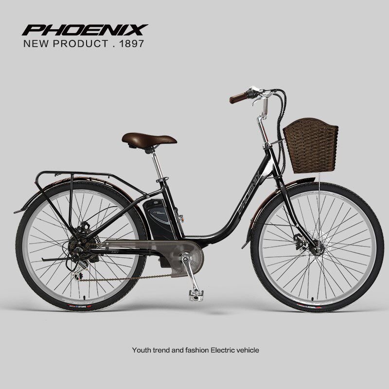 凤凰新国标锂电池助力电动自行车后7速女士电动车24/26寸电单车