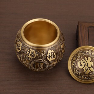 黄铜米缸带盖聚宝盆家居客厅复古摆件办公室店铺招财聚财纯铜摆件