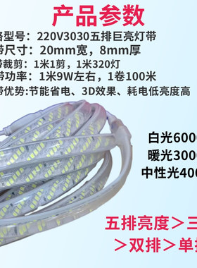 白色灯带220V贴片2835弧面320珠巨亮五排白光LED灯带220V吊顶灯条