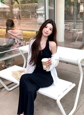 Adan 黑色修身吊带裙挂脖连衣裙夏季收腰显瘦百搭中长款A字裙女