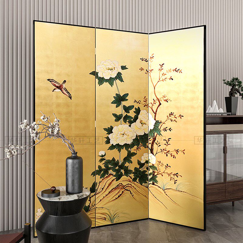 侘寂风手绘花鸟画金箔屏风新中式日式茶室客厅隔断背景墙折屏定制
