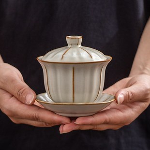 米黄汝窑三才盖碗功夫茶具单个陶瓷大号可悬停汝瓷泡茶杯带盖子