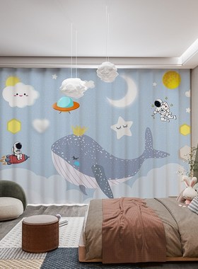 卡通蓝色海底世界海洋动物早教中心幼儿园儿童房卧室遮光隔断窗帘