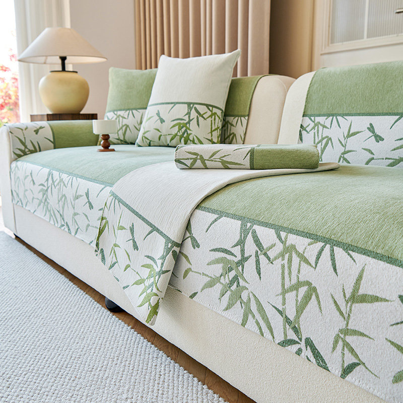 雪尼尔直排沙发垫四季通用2024新款绿色中式盖布固定防滑竹子坐垫