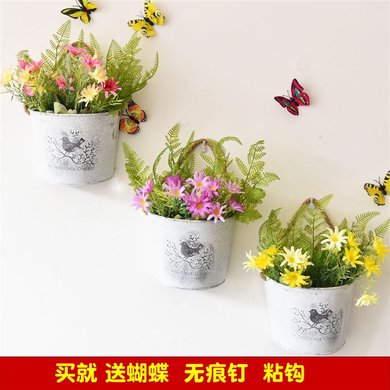 墙上装饰创意复古铁艺壁挂花桶花器清新挂墙家居挂件摆件墙面装饰