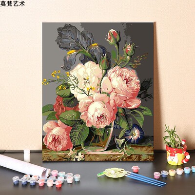 数字油画diy填充手工填色娇艳欲滴富贵牡丹花卉涂色丙烯油彩画画
