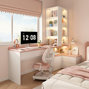 儿童房公主风转角书架书桌一体家用卧室小户型电脑桌床头柜子定制