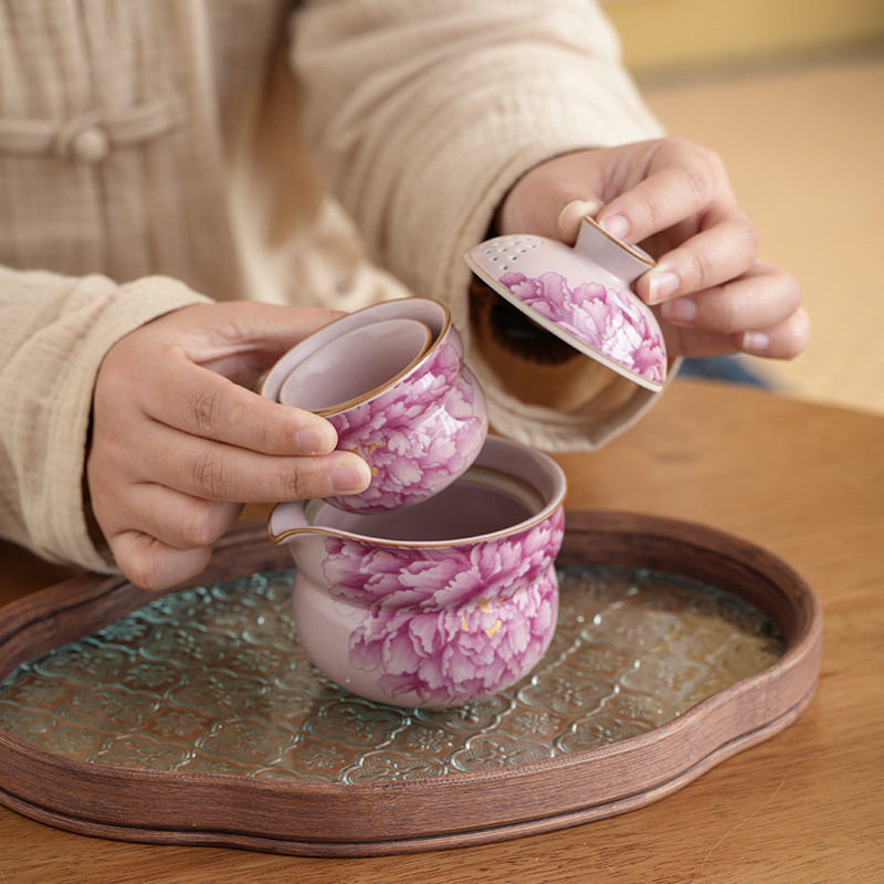 汝窑牡丹葫芦便携快客杯一壶两杯图片