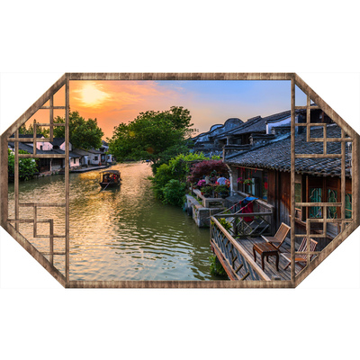 3D立体中国风古典假窗户墙贴画复古老城风景中式假窗客厅装饰贴画