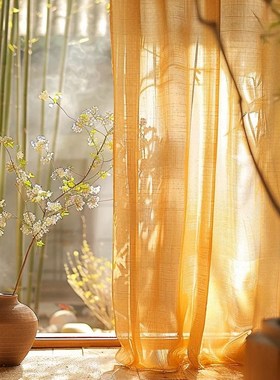 恬梦家居2024新款橙色纱帘窗帘阳台卧室飘窗梦幻帘高级感窗纱