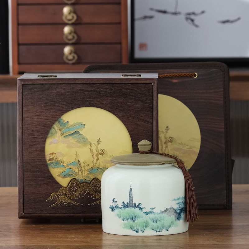 古典木盒茶叶罐陶瓷密封罐中式春茶龙井茶叶包装盒白茶礼盒装定制