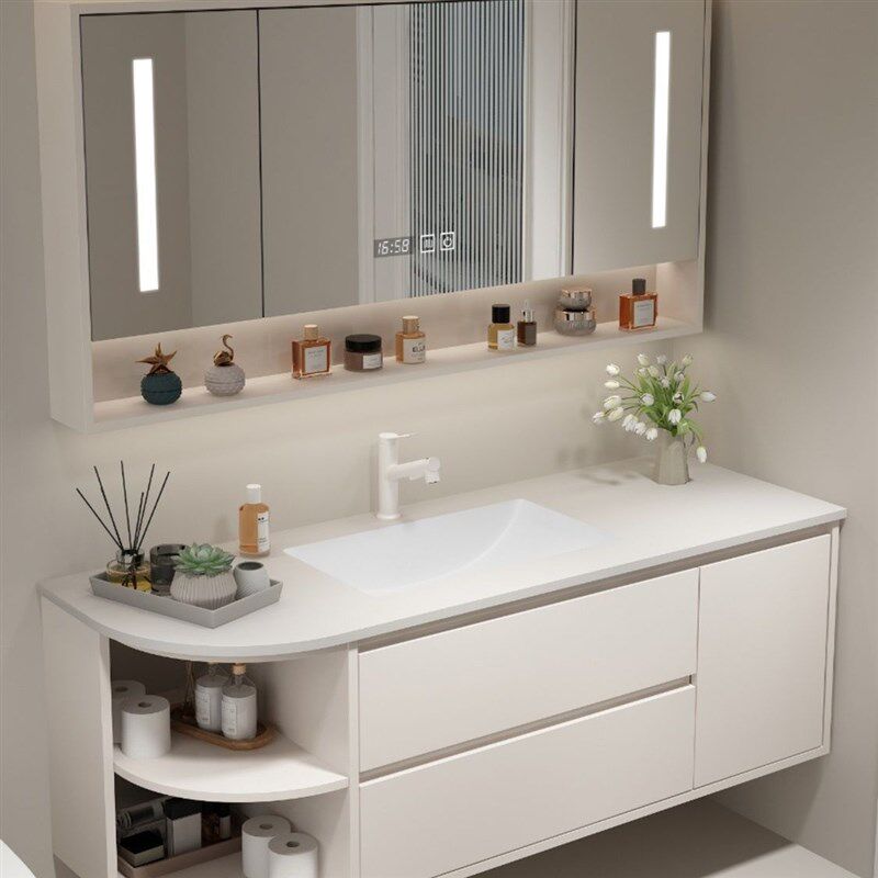 定制实木圆弧形浴室柜组合斜切角异形盆可丽耐一体盆岩板洗手台盆