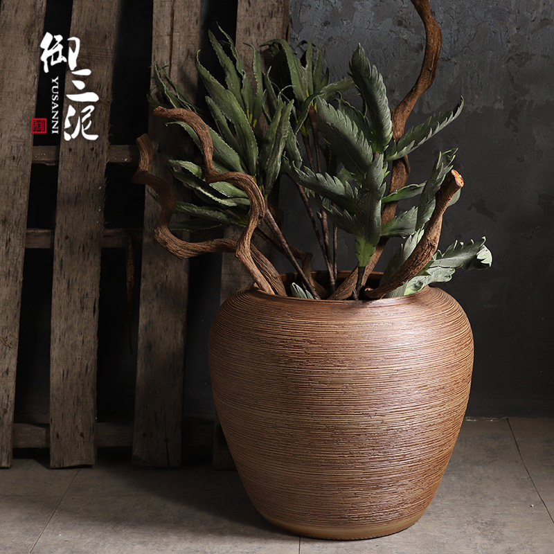 粗陶大坛子圆缸鱼缸园林花盆大号复古落地客厅陶瓷花瓶干花摆件,家居饰品,花瓶,淘宝优惠券,粉丝福利购,淘宝优惠卷