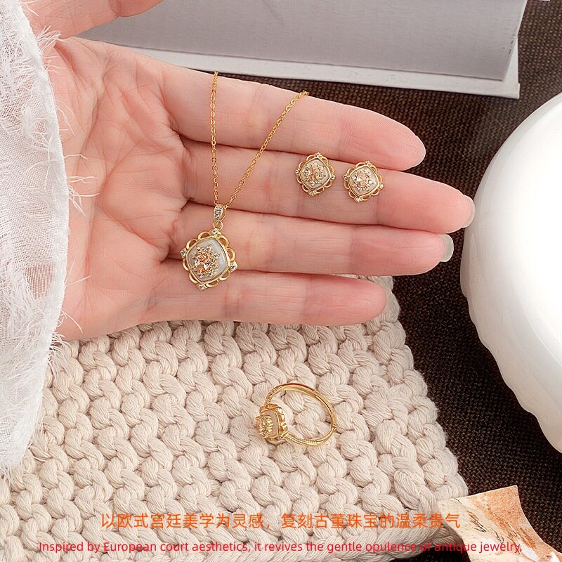 欧美宫廷风s925纯银项链戒指耳钉小众设计贝母锆石套装轻奢礼物女