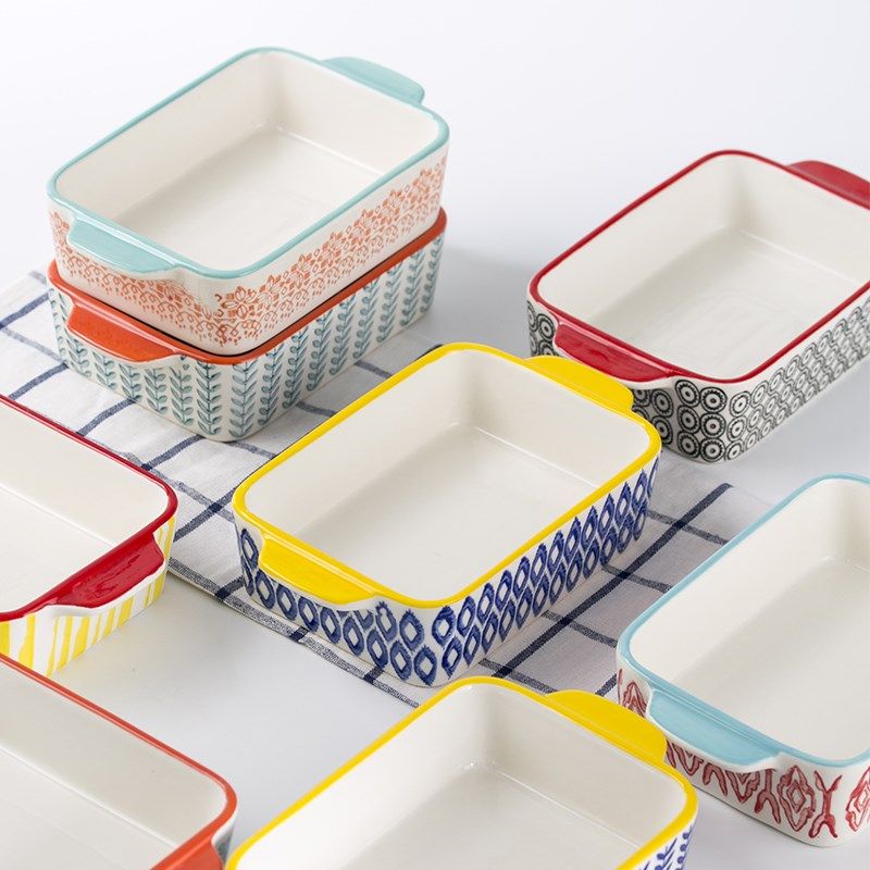 欧式烘焙陶瓷盘子双耳长方形烤面包盘芝士焗饭烤盘烤箱微波炉使用