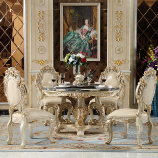 欧式 1.5米香槟金餐厅家 实木雕花餐桌高档大理石餐桌椅圆饭桌1.3