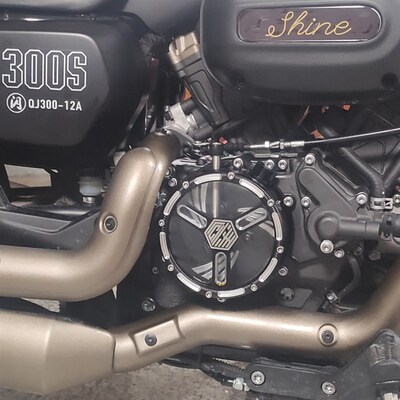 钱江qj闪300s改装发动机透明装饰盖右侧可视离合盖加宽脚踏板配件