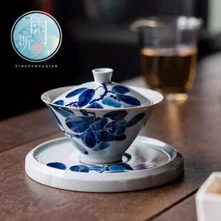 纯手绘柿子复古青三才盖碗茶杯家用单个陶瓷泡茶碗带盖子功夫茶具