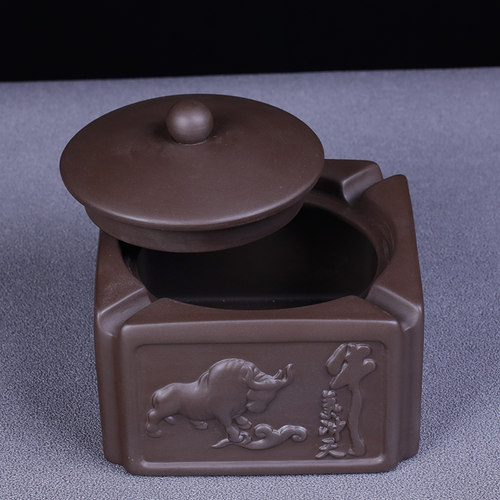 烟灰缸家用客厅带盖防飞灰创意个性牛气冲天紫砂烟缸办公陶瓷摆件