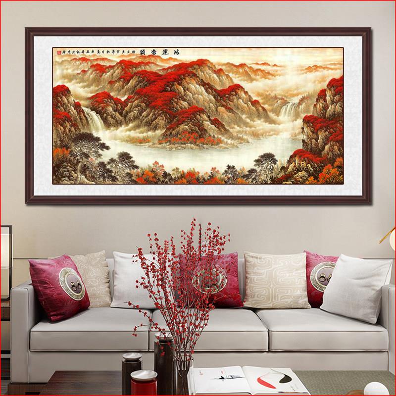 鸿运当头国画山水画客厅挂画西墙没有无太阳沙发背景墙装饰画卷轴
