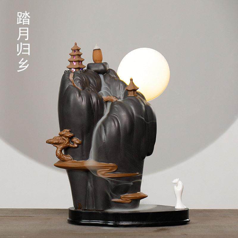 静尘 德化陶瓷檀香观赏回流香薰炉 创意大号高山流水倒流香炉摆件