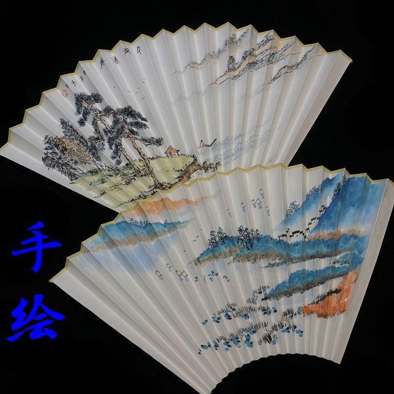手绘扇面国画山水反面空白苏工超薄扇面文玩折扇定制各种7-10寸
