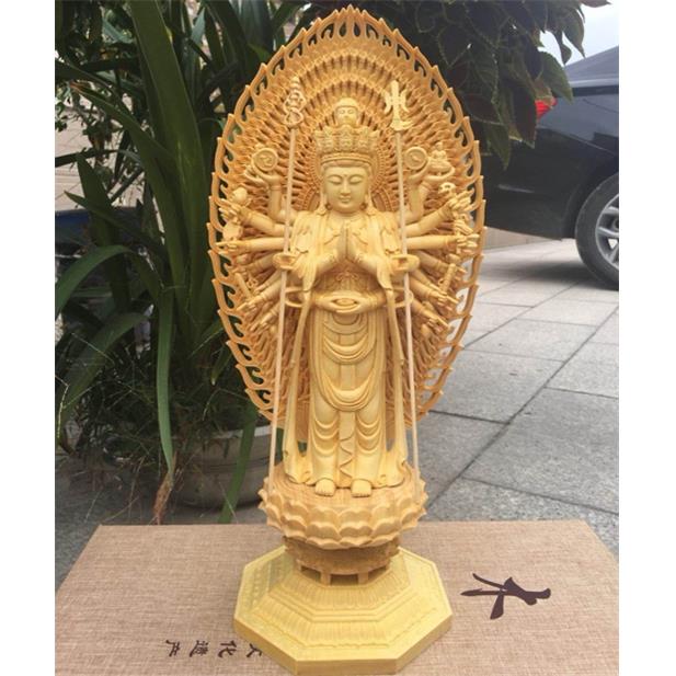 进口黄杨木白桧木精雕佛像 中式实木家居雕刻工艺品摆饰千手观音