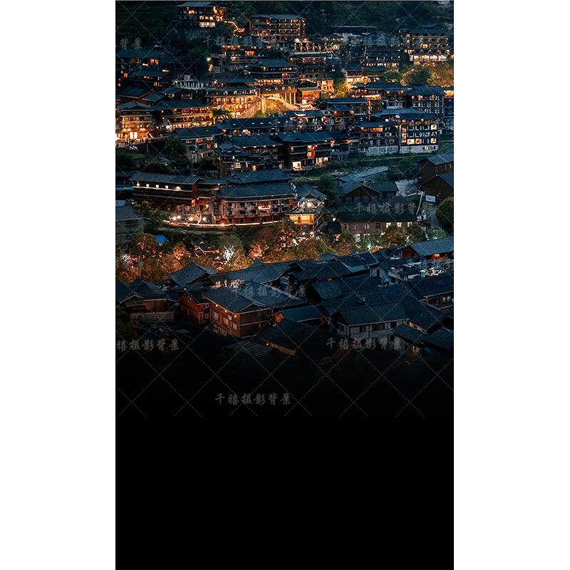 影楼古装民族风拍照背景布 苗族苗寨夜景异域风景摄影背景布